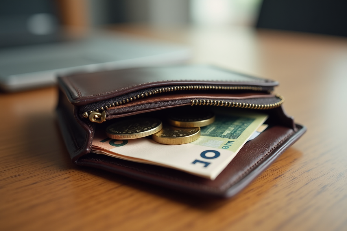 Porte-monnaie ouvert avec billets et pièces en euros
