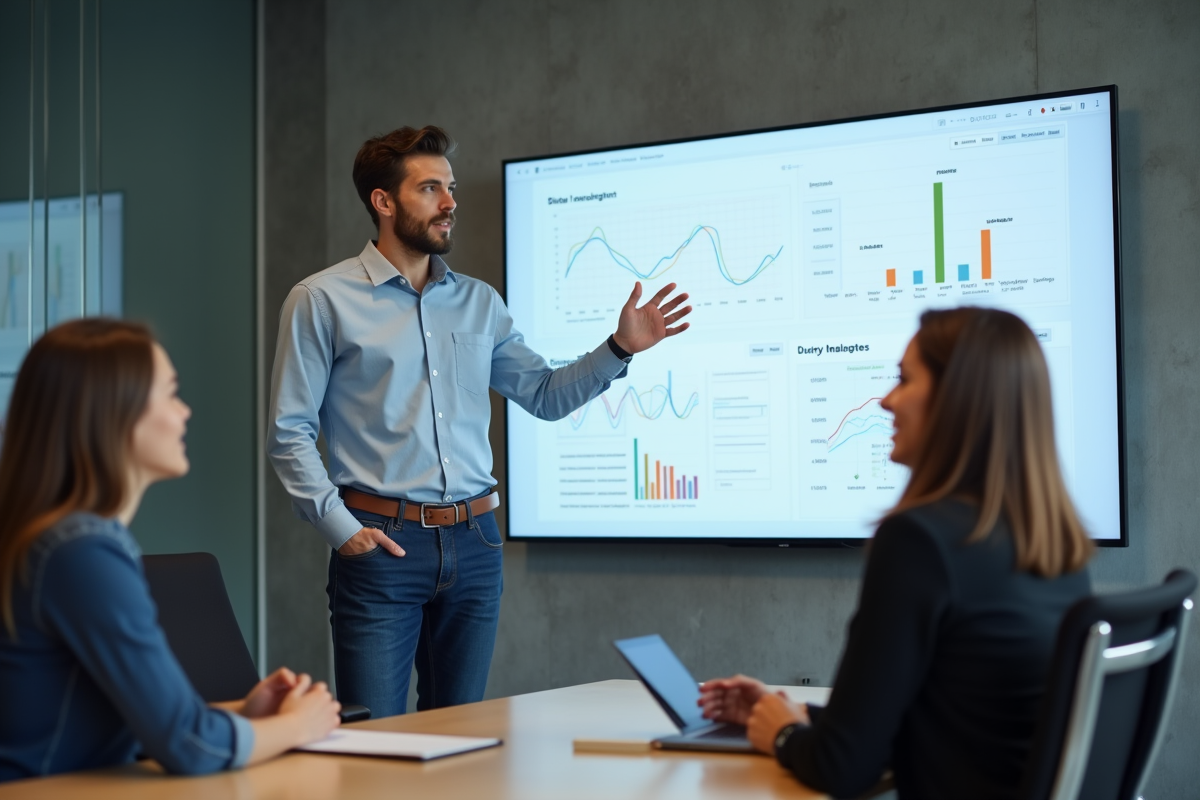 Homme présentant résultats marketing à ses collègues