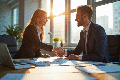 Deux professionnels d'affaires se serrant la main dans un bureau moderne