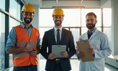 Trois professionnels dans un bureau représentant différents secteurs