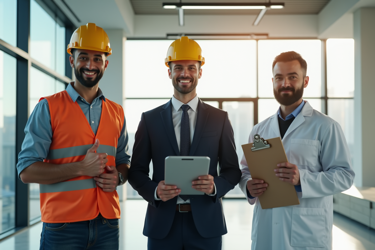 Trois professionnels dans un bureau représentant différents secteurs