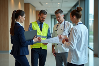 Groupe de professionnels dans un lobby moderne avec un homme ingénieur