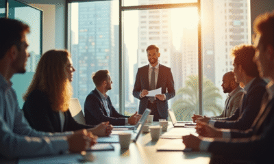Réunion d'affaires en bureau lumineux avec agent confiant