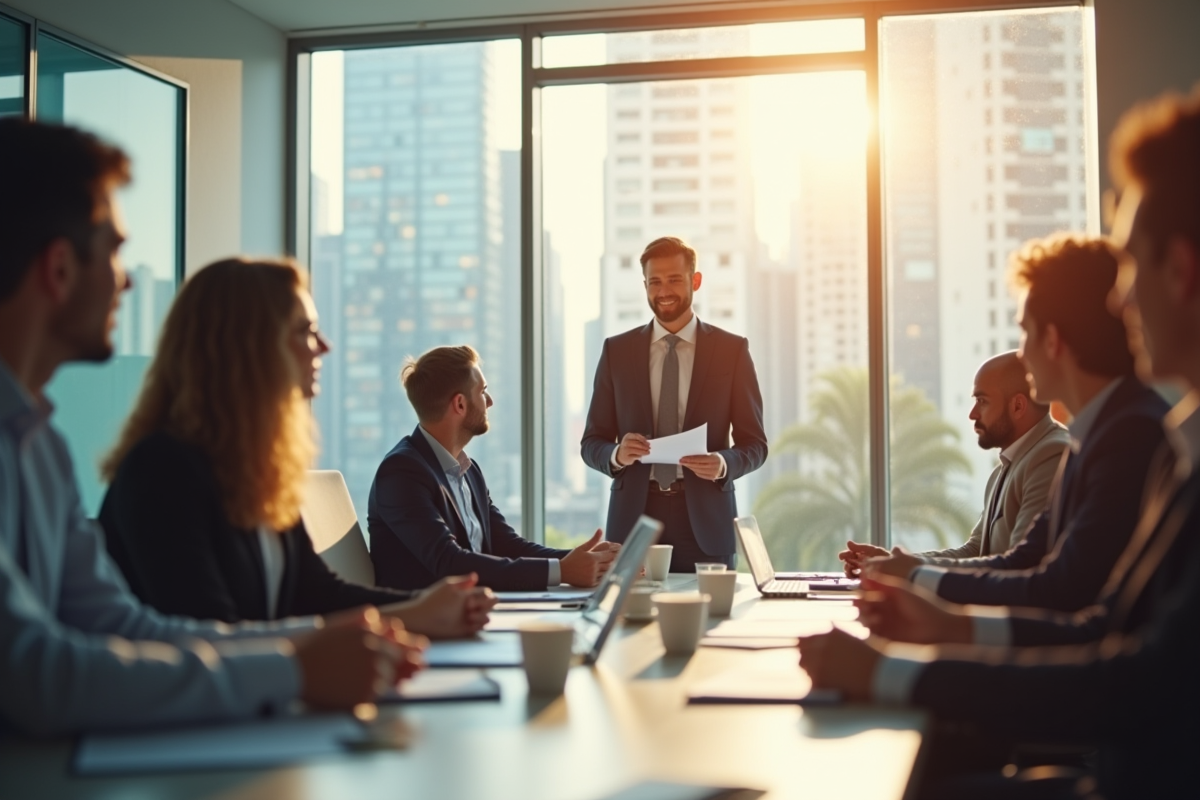 Réunion d'affaires en bureau lumineux avec agent confiant