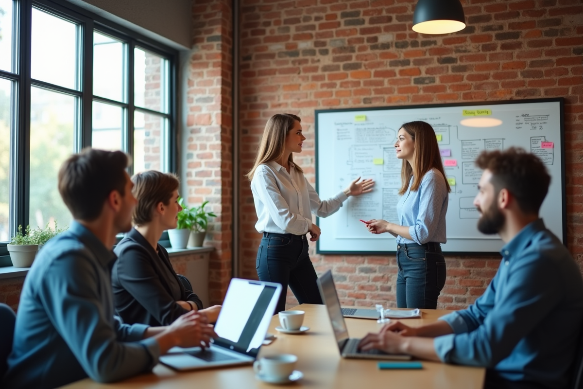 Groupe de trois professionnels en réunion autour d