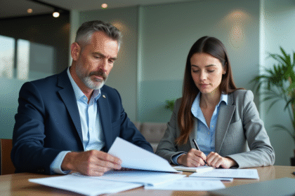Homme en costume navy et jeune femme en tenue décontractée lors d'une réunion