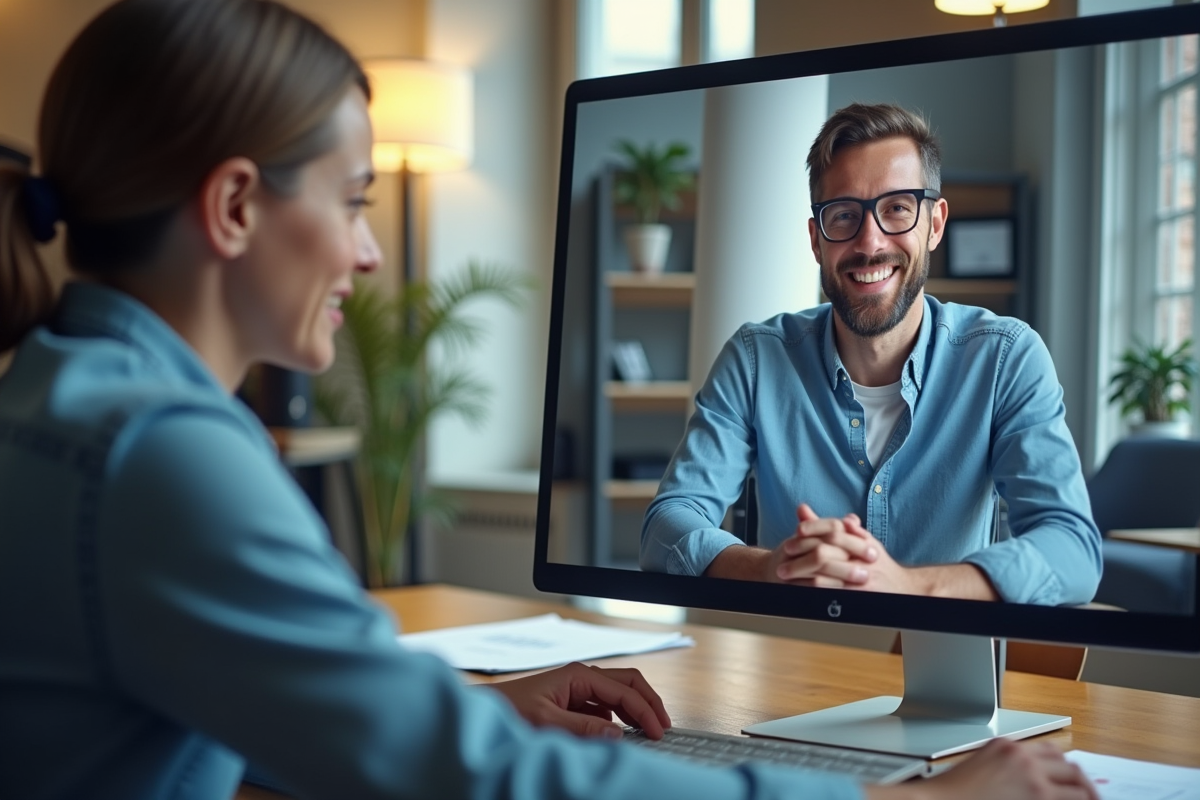Réunion vidéo entre comptable en ligne et entrepreneur souriants