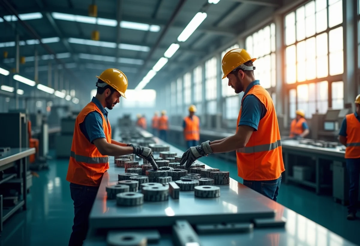 Usine moderne avec robots et ouvriers en sécurité